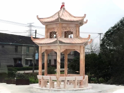  晚霞紅雙層石涼亭 